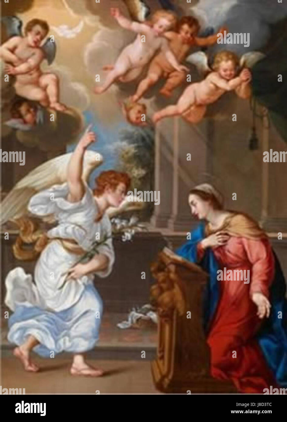 Cette œuvre de Michel-Ange Ricciolini, intitulée 'Annonciation', représente probablement la scène biblique de l'Annonciation, un moment important dans l'art chrétien et la théologie. Banque D'Images