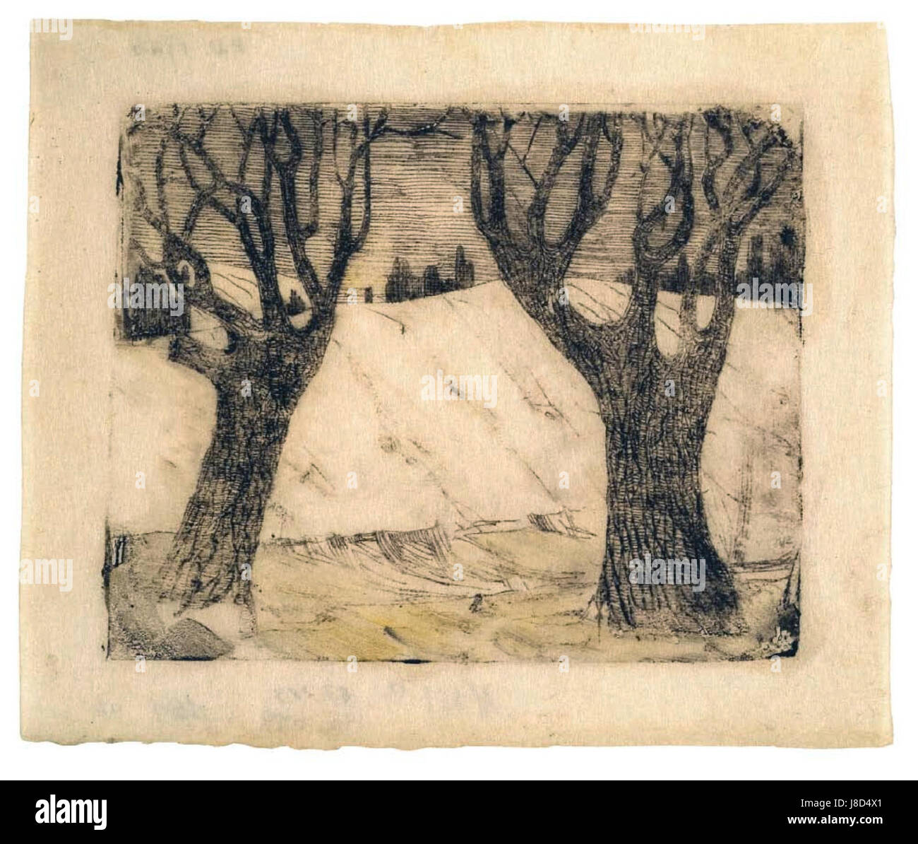*Deux arbres*, peints par Mikalojus Konstantinas Ciurlionis en 1905-1906, représentent une pièce maîtresse du lituanien La peinture reflète le lien du artistâ€™ avec la nature et son exploration symbolique de la dualité dans la vie. Banque D'Images