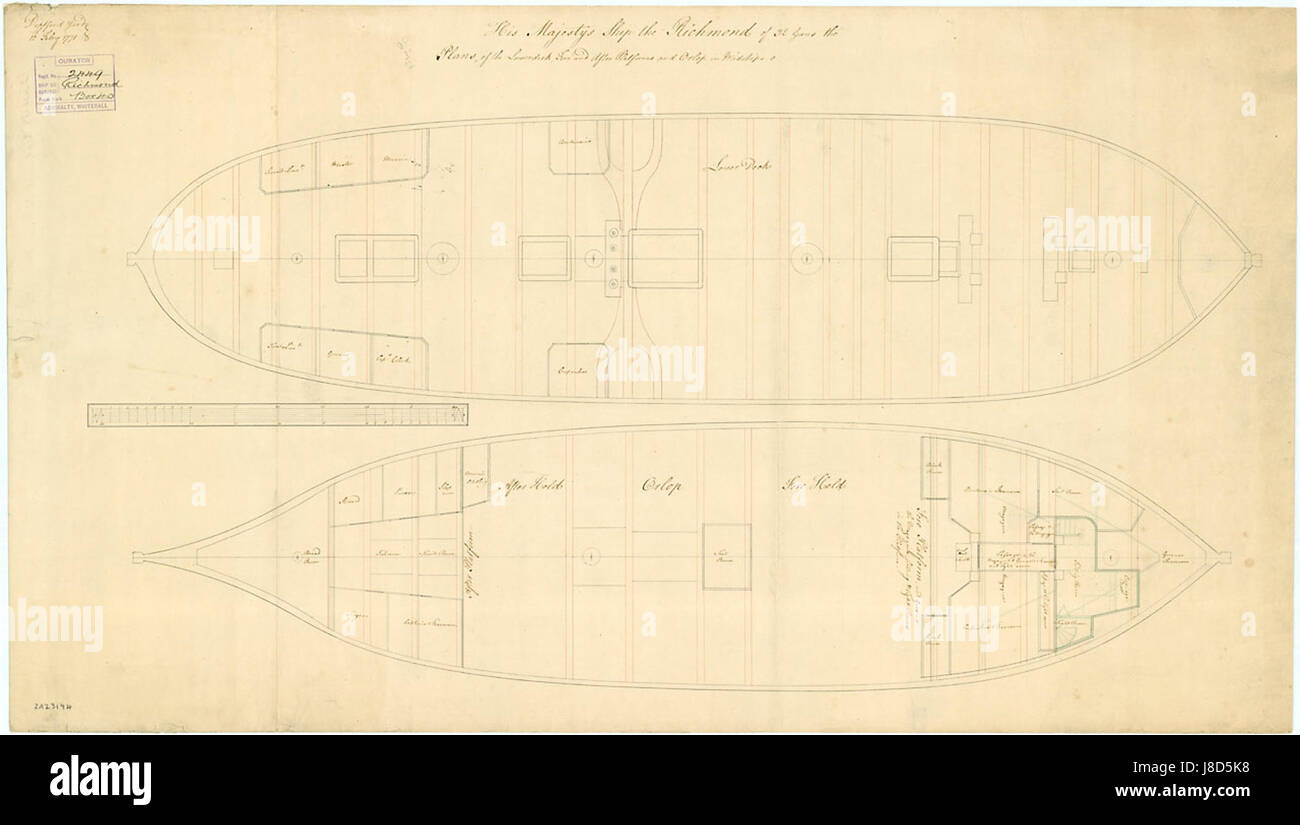 Le HMS Richmond, un navire britannique lancé en 1757, a joué un rôle dans l'histoire navale au XVIIIe siècle. Il est associé à la Royal Navy britannique et à la guerre maritime de l'époque. Banque D'Images
