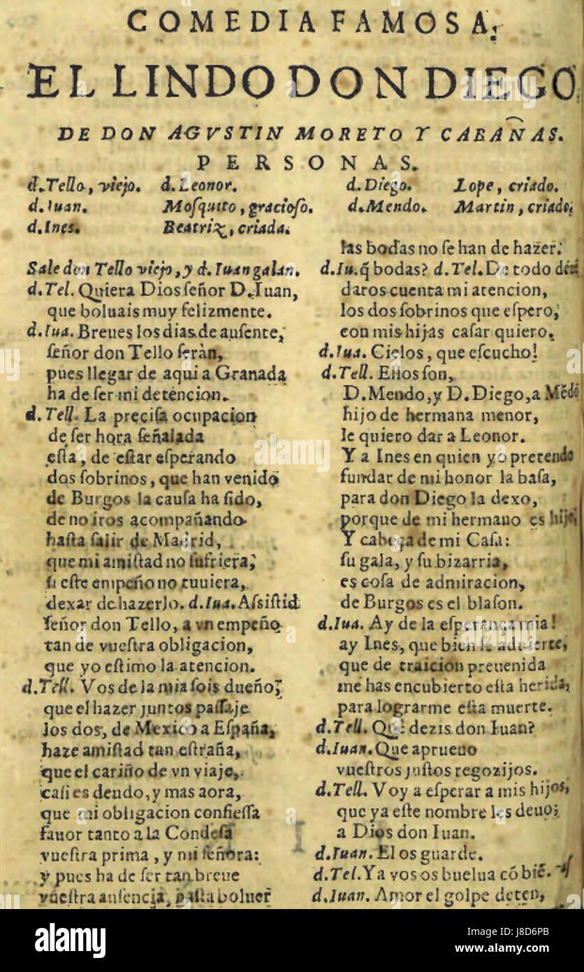 Une pièce littéraire ou artistique intitulée El lindo don Diego, faisant référence à un personnage ou à un récit de la littérature espagnole, se concentrant sur des thèmes d'honneur, de noblesse ou de chevalerie. Banque D'Images