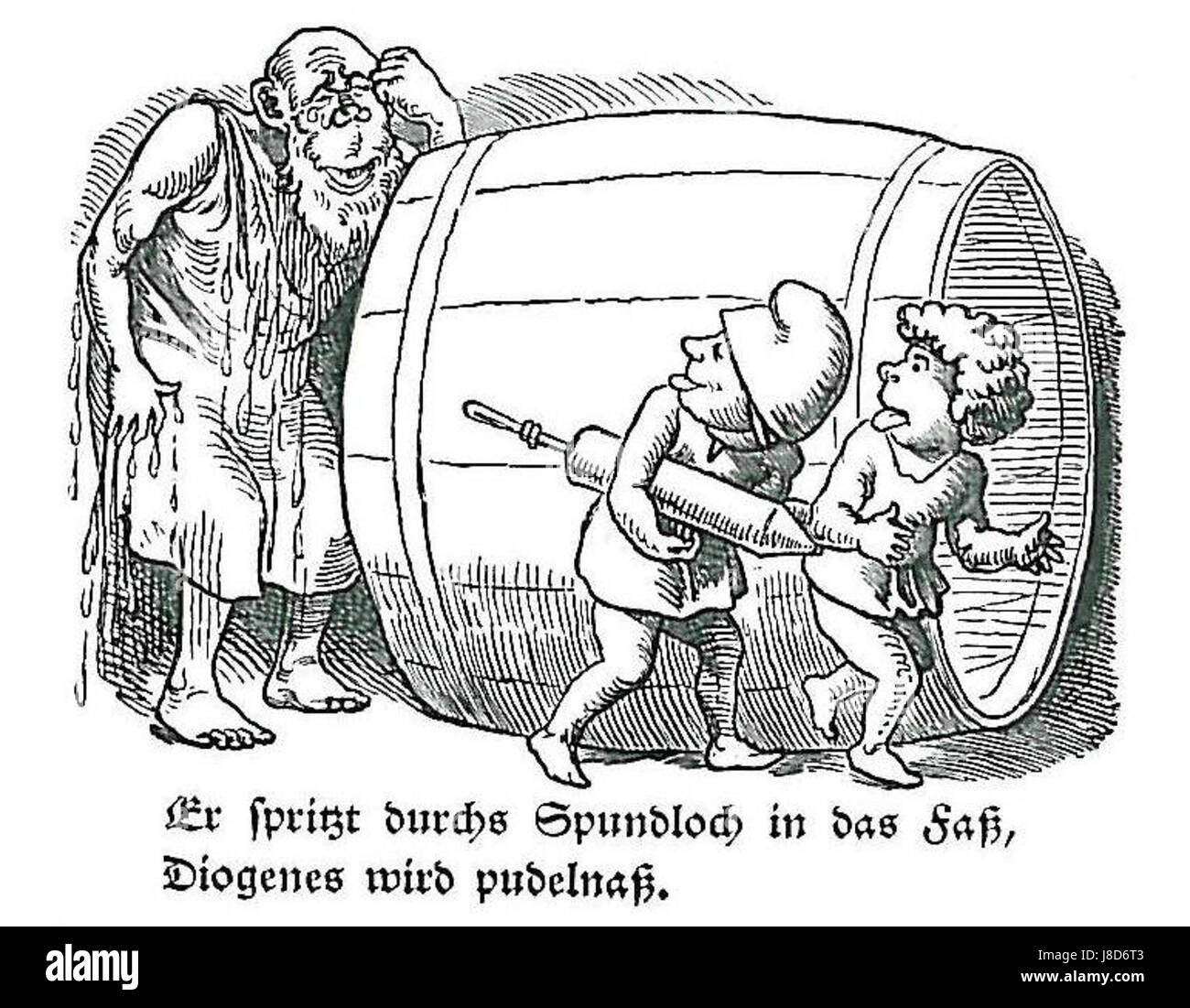 L'expression « er spritzt durchs Spundloch in das Fass » fait référence à un processus traditionnel de fabrication du vin ou de la bière où le liquide est injecté ou versé par un robinet dans un fût, couramment utilisé pour la fermentation et le stockage. Banque D'Images