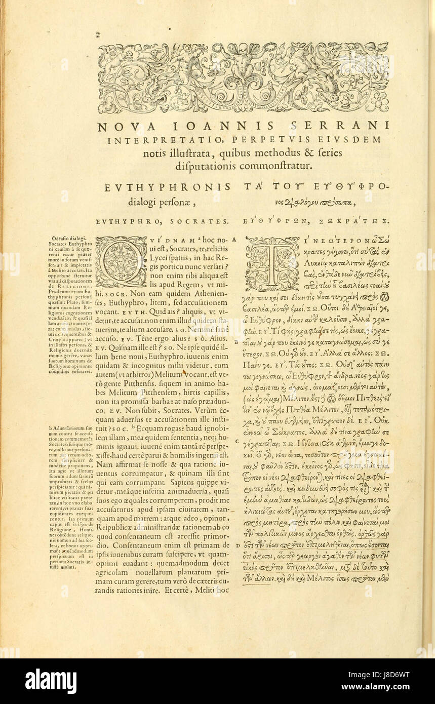 Euthyphro est une œuvre de Platon, et cette référence se rapporte probablement à une édition spécifique imprimée en 1578 par Stephanus. Le texte examine les concepts de piété et de justice dans la philosophie classique, offrant un aperçu de la pensée et de l'éthique grecques anciennes. Banque D'Images