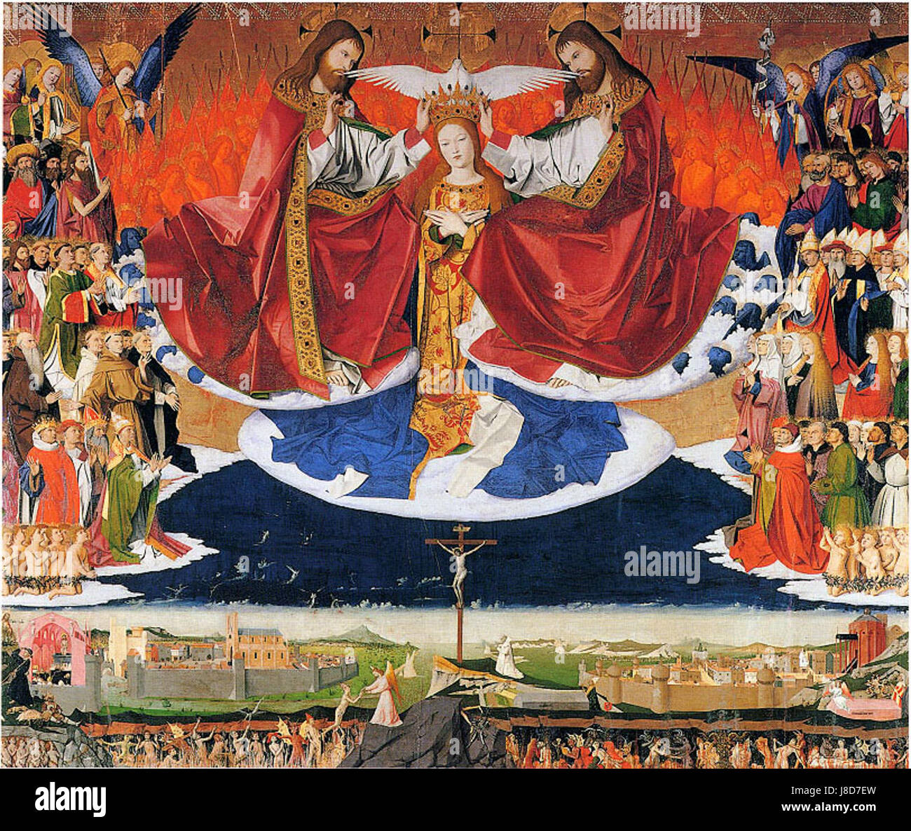 Le couronnement de la Vierge d'Enguerrand Quarton est un tableau religieux remarquable datant de 1454, représentant la Vierge Marie couronnée au ciel. Ce chef-d'œuvre met en valeur les religieux français du XVe siècle Banque D'Images