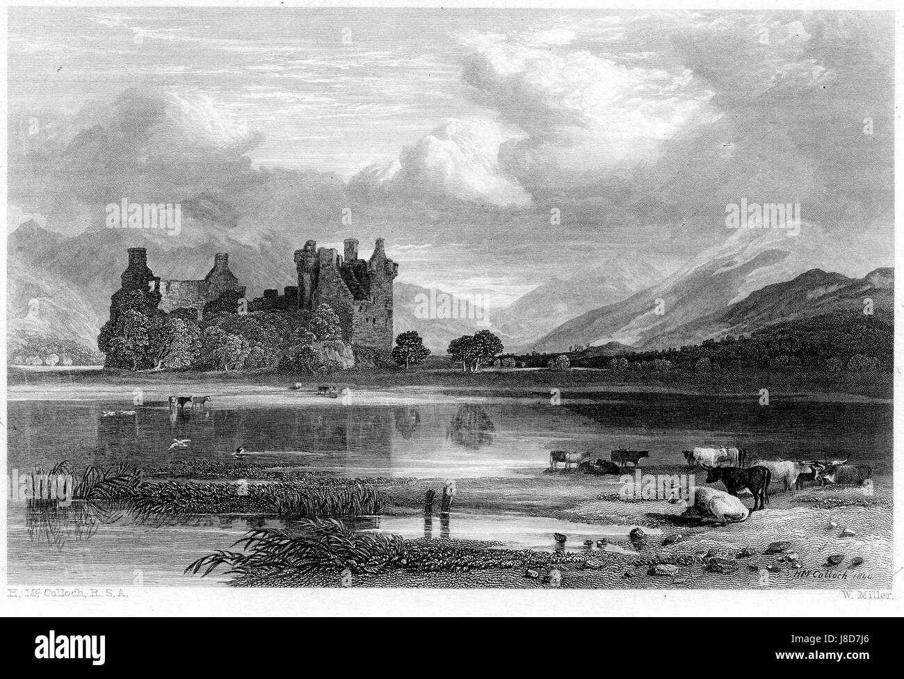 Cette gravure représente le château de Kilchurn, situé en Écosse, créé par William Miller d'après un dessin de H. McCulloch. C'est une représentation du monument historique écossais. Banque D'Images Cette gravure représente le château de Kilchurn, situé en Écosse, créé par William Miller d'après un dessin de H. McCulloch. C'est une représentation du monument historique écossais. Banque D'Images