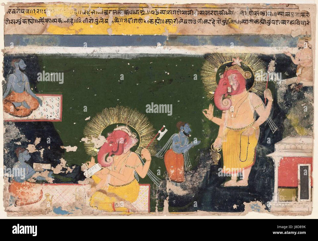 Cette représentation illustre Ganesa, le Dieu hindou, écrivant le Mahabharat, l'une des plus grandes épopées de l'Inde, soulignant son rôle de scribe dans la création de l'épopée. Banque D'Images