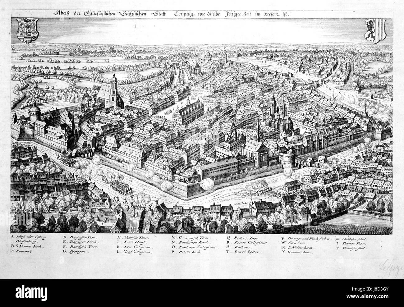 La ville historique de Leipzig en 1632 était un centre important pour le commerce et la culture en Allemagne. Son emplacement stratégique et son rôle dans la guerre de trente ans ajoutent à son importance historique au XVIIe siècle. Banque D'Images