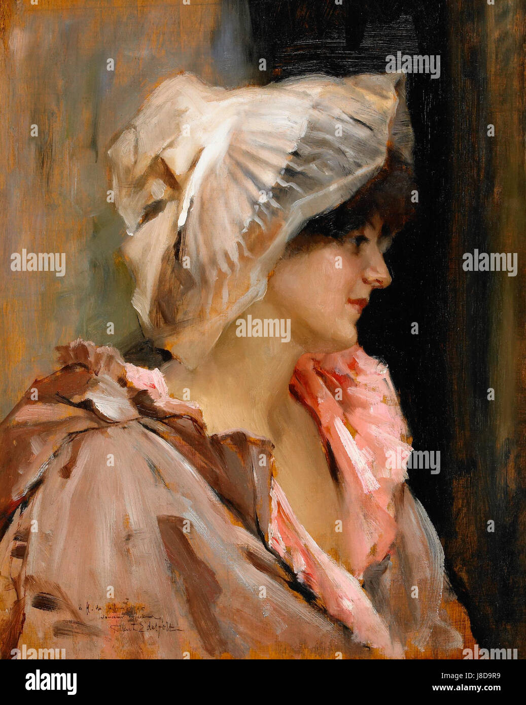 â€˜Parisisk kvinna peignoirâ€™ de Akseli Gallen-Kallela représente une femme parisienne dans un peignoir, reflétant la mode du XIXe siècle et le style européen de l'époque. La peinture souligne la nature délicate du vêtement et son importance culturelle sur la scène sociale parisienne. Banque D'Images