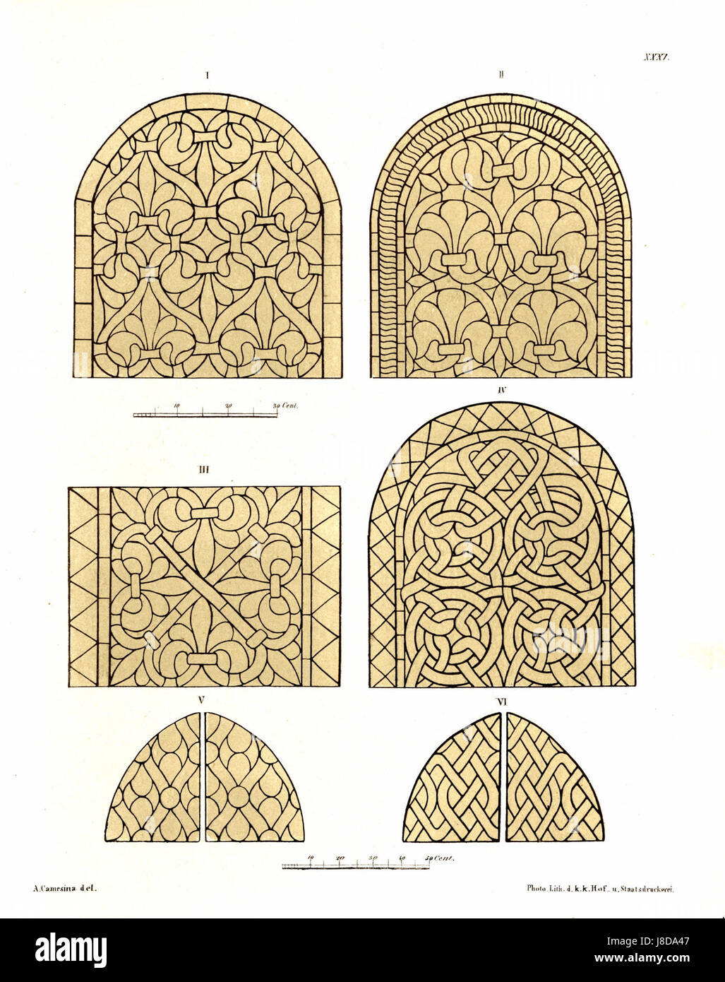 Un vitrail du cloître de l'abbaye de Heiligenkreuz, représentant un dessin rond avec un extrait du panneau XXXI. Banque D'Images