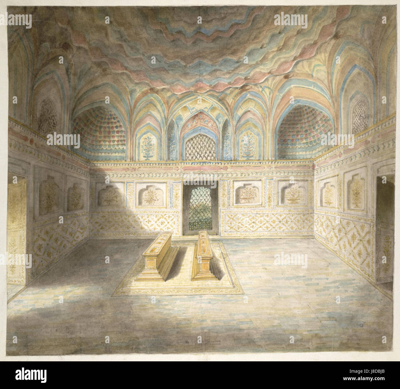 La chambre funéraire intérieure de la tombe d'Itimad al Daulah à Agra, en Inde, construite vers 1814-1815, est un bel exemple de l'architecture moghole. Il présente des travaux complexes en marbre et des dessins en pierre incrustée, marquant le tombeau comme un symbole important de l'artisanat moghol et de l'essor de l'art décoratif en Inde au début du XIXe siècle. Banque D'Images