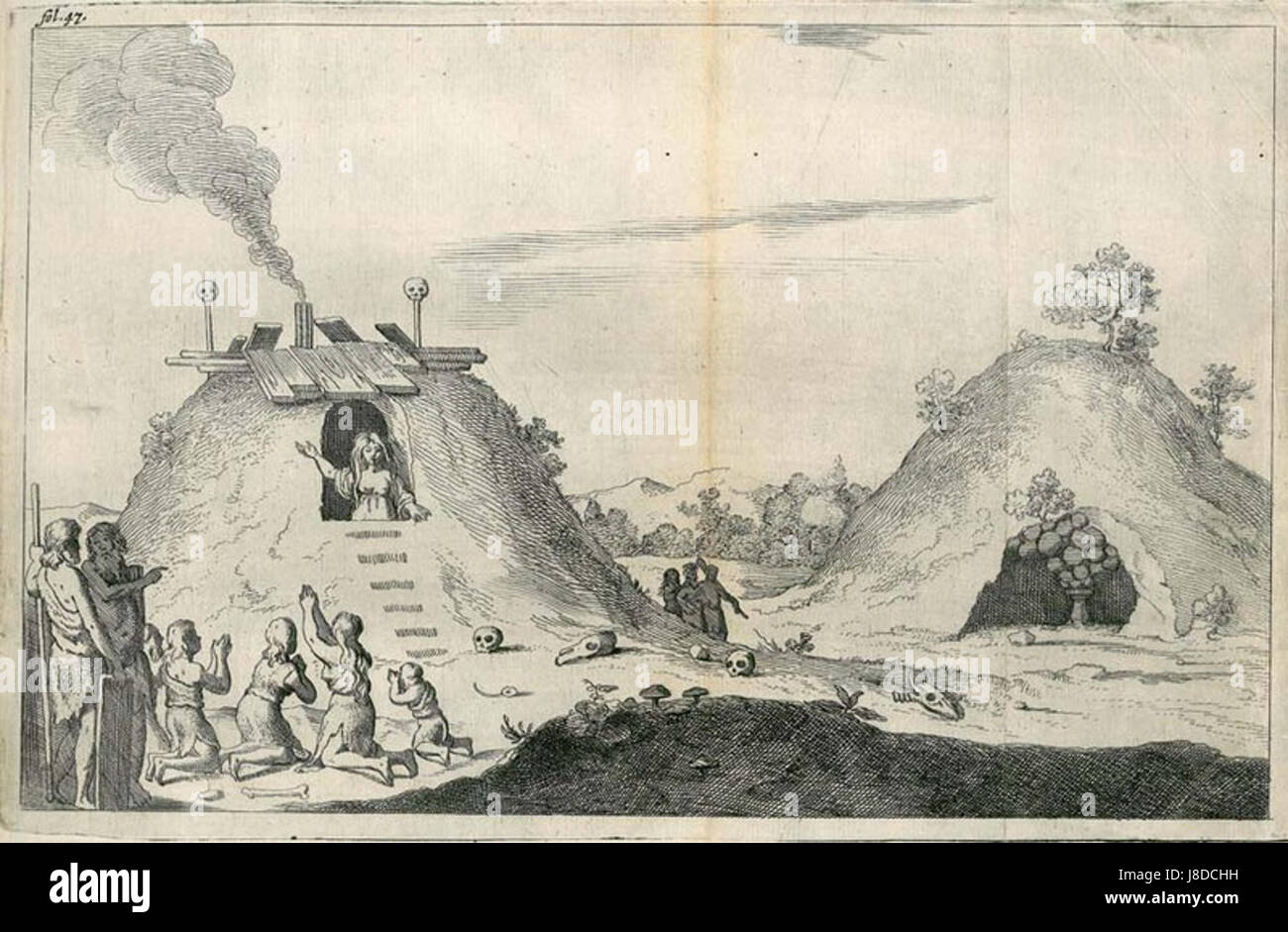 ETS 1660 de Gerrit van Goedesbergh représente une gravure représentant 'witte Wieven' (femmes blanches ou esprits) dans des monticules funéraires. L'œuvre, créée au XVIIe siècle, explore les thèmes du folklore et des rituels funéraires, combinant art historique et mythologies culturelles. Banque D'Images