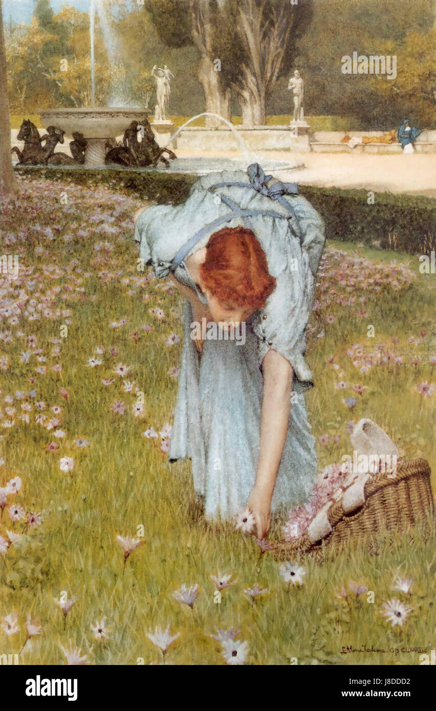 Cette peinture de Lawrence Alma-Tadema, intitulée 'Flora Spring in the Gardens of the Villa Borghese', représente une scène classique de Flora, la déesse romaine des fleurs, dans un jardin, mettant en valeur le style caractéristique d'Alma-Tadema de scènes classiques détaillées et élégantes. Banque D'Images