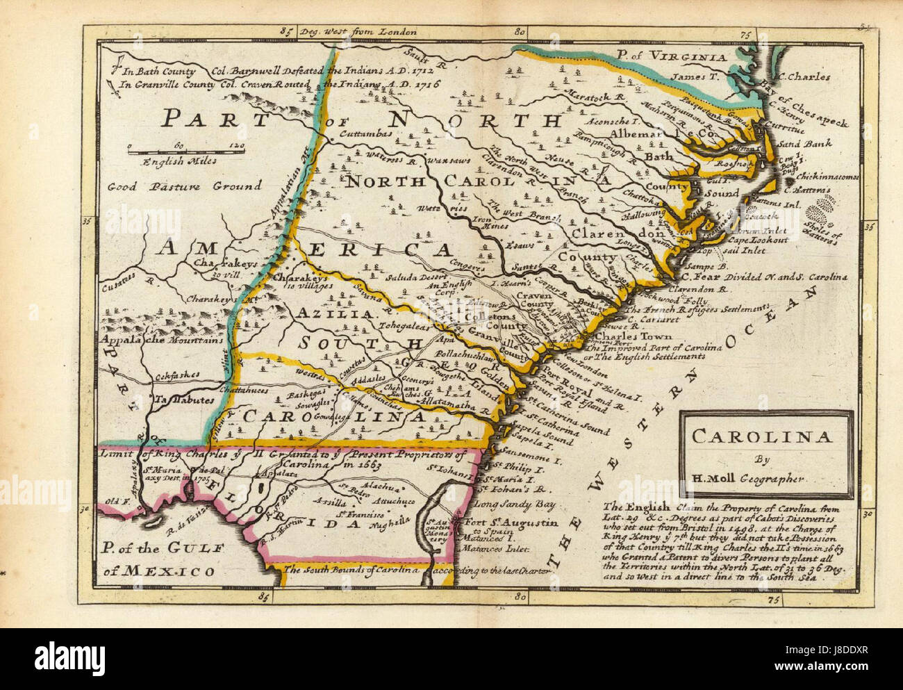 Cette carte de 1736 de Herman Moll représente les Carolines, une région du sud-est des États-Unis. Il met en valeur la compréhension géographique précoce de la région, y compris les établissements, les rivières et les caractéristiques naturelles. La carte sert de document historique important pour l'étude de l'Amérique coloniale. Banque D'Images