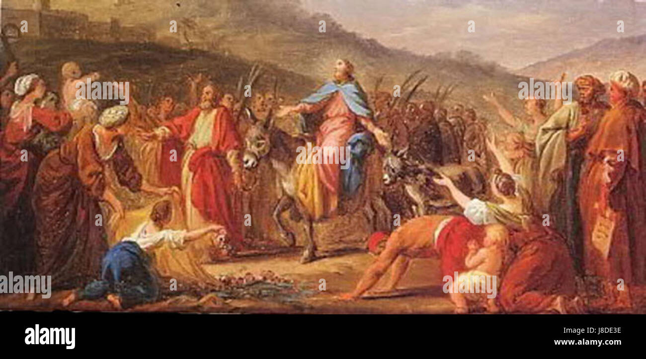 Jesu Einzug in Jerusalem de Jollain (entrée de Jésus à Jérusalem) est une représentation historique de l'événement biblique, illustrant le moment de l'entrée triomphale de Christâ€ ™. La pièce reflète des styles artistiques baroques et des thèmes religieux. Banque D'Images