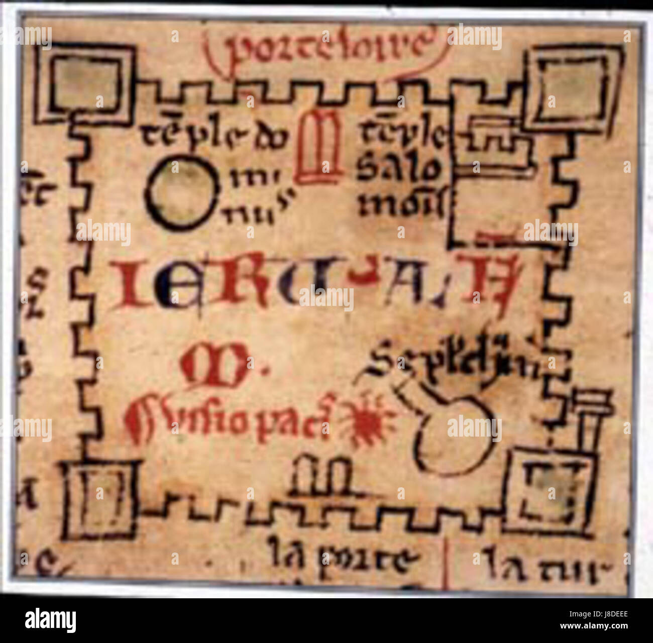 Une carte historique détaillée de Jérusalem, montrant les principaux lieux et caractéristiques géographiques de la ville antique. Banque D'Images