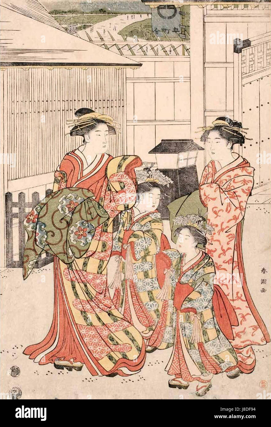 Shuncho Katsukawa une courtisane, accompagnée par son Shinzo et deux Kamuro Banque D'Images