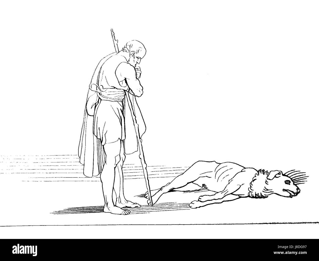 Cette image représente une scène de l'Odyssée d'Homère, montrant Ulysse avec son chien. L'œuvre de Flaxman capture un moment clé de l'épopée, mettant l'accent sur les thèmes de la loyauté et de l'aventure. Banque D'Images Cette image représente une scène de l'Odyssée d'Homère, montrant Ulysse avec son chien. L'œuvre de Flaxman capture un moment clé de l'épopée, mettant l'accent sur les thèmes de la loyauté et de l'aventure. Banque D'Images
