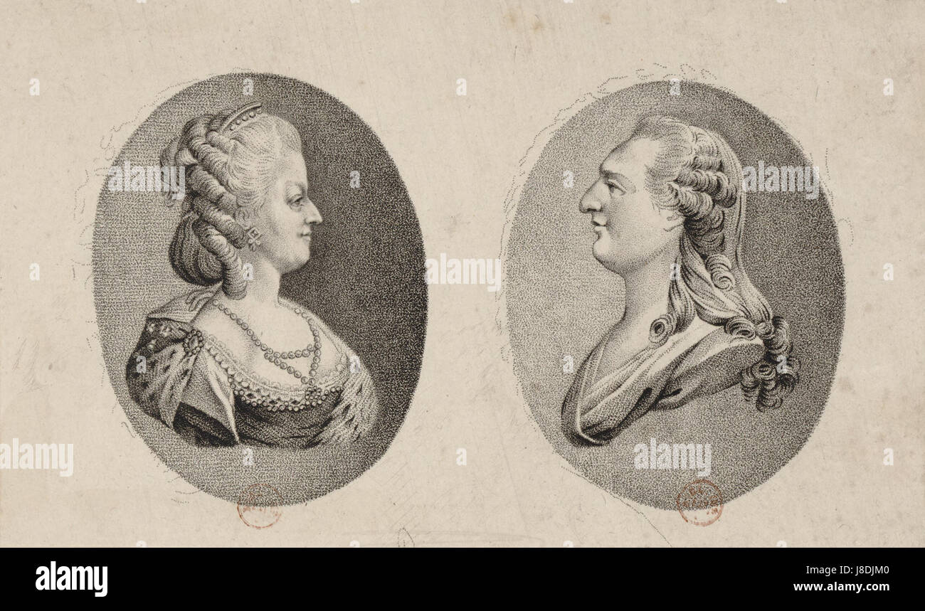 Portraits gravés de Marie Antoinette et Louis XIV Banque D'Images