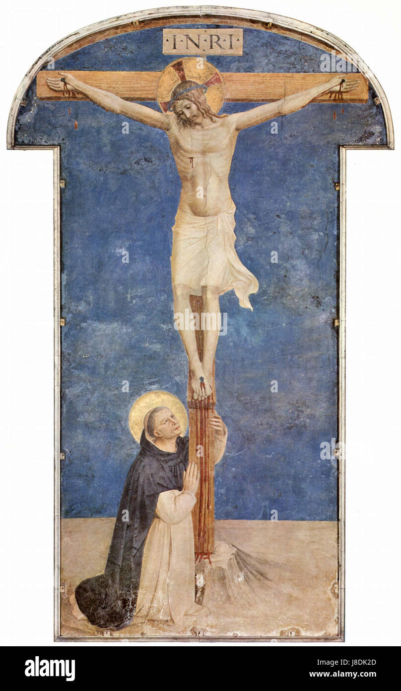 La fresque « L'Annonciation » de FRA Angelico, peinte au début du XVe siècle, représente la Vierge Marie et l'Archange Gabriel. Cette œuvre est célébrée pour ses détails complexes et sa palette de couleurs éthérées, incarnant le style du début de la Renaissance. Banque D'Images