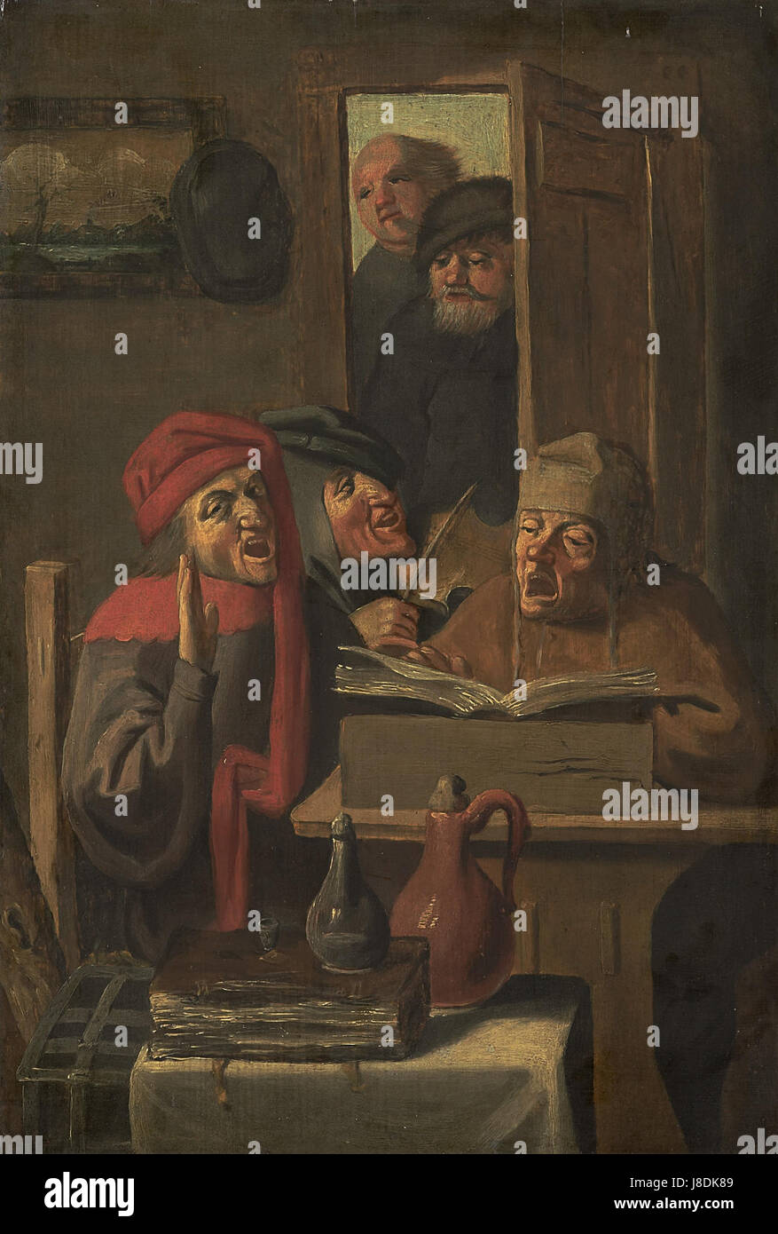 Cette œuvre, attribuée au style d'Adriaen Brouwer, représente un ensemble musical dans un cadre vivant. Connu pour son accent sur les scènes de genre, Brouwer a capturé des moments intimes de la vie quotidienne, mettant en vedette des musiciens dans un rassemblement social. Banque D'Images