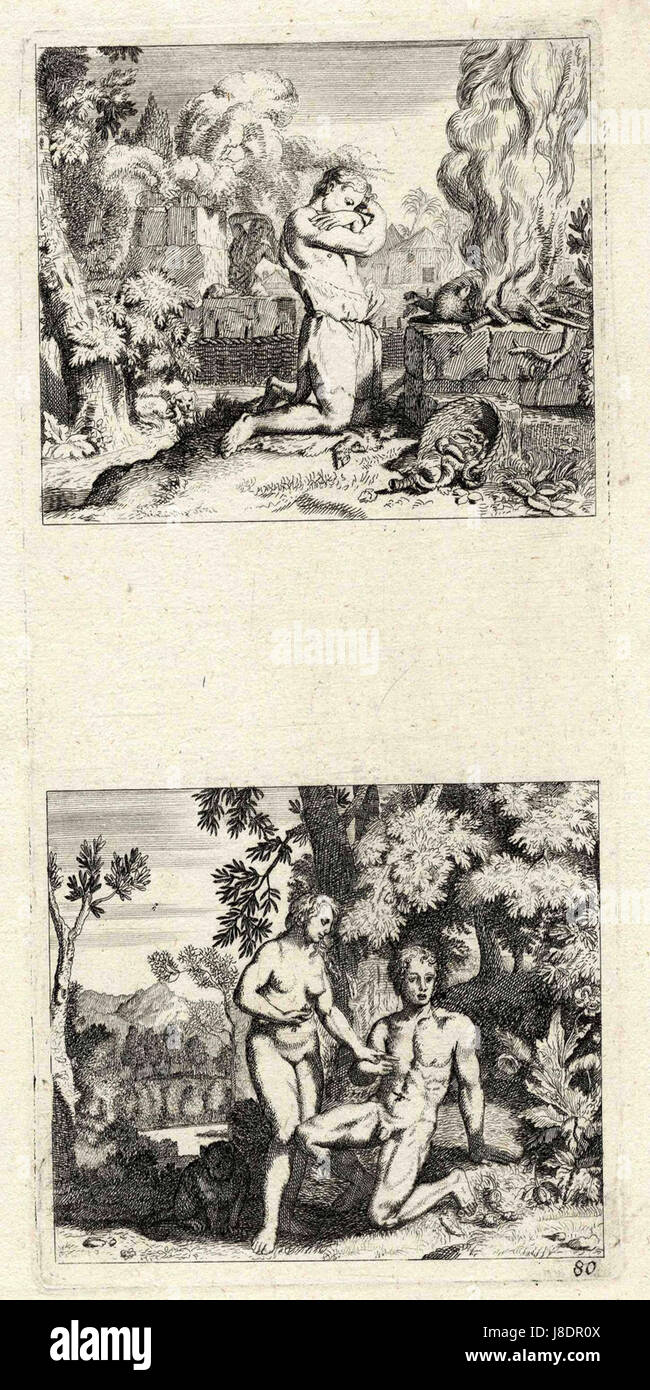 Illustrationen Zum Alten Testament (Abel vor dem Opfer kniend ; Adam und Eva vor dem Baum der Erkenntnis) ubs G 0853 II Banque D'Images