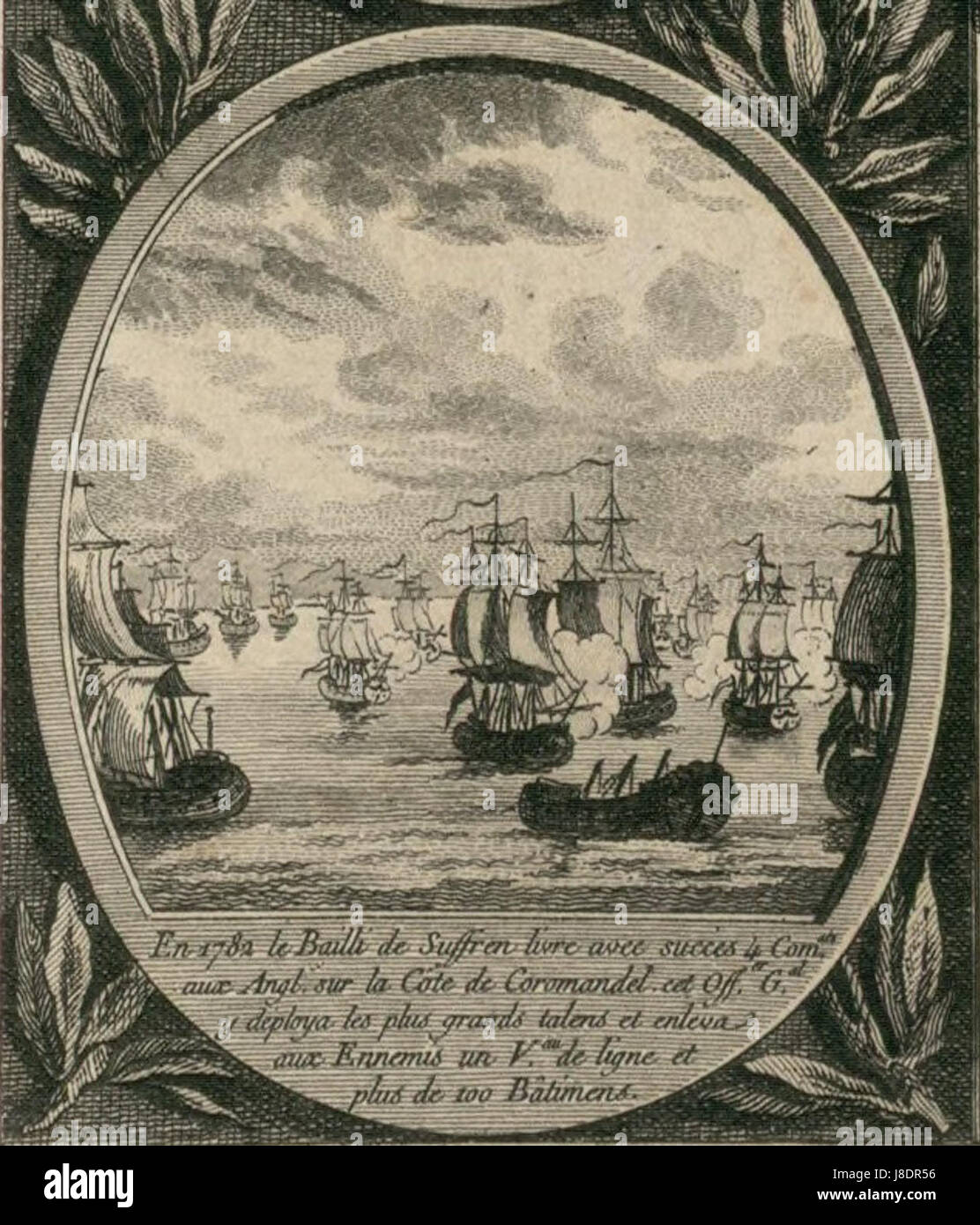 Cette gravure représente la représentation allégorique des batailles menées par Suffren en Inde en 1782, capturant un moment important de l’histoire navale. Banque D'Images