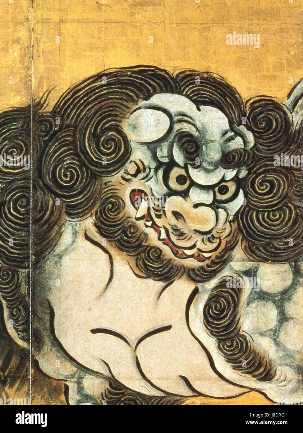 Kano Eitoku est un peintre japonais du XVIe siècle, connu pour ses contributions à l'école de peinture japonaise de Kano. Cette pièce met en valeur son style unique et sa technique artistique, influençant l'art japonais au cours de la période. Banque D'Images