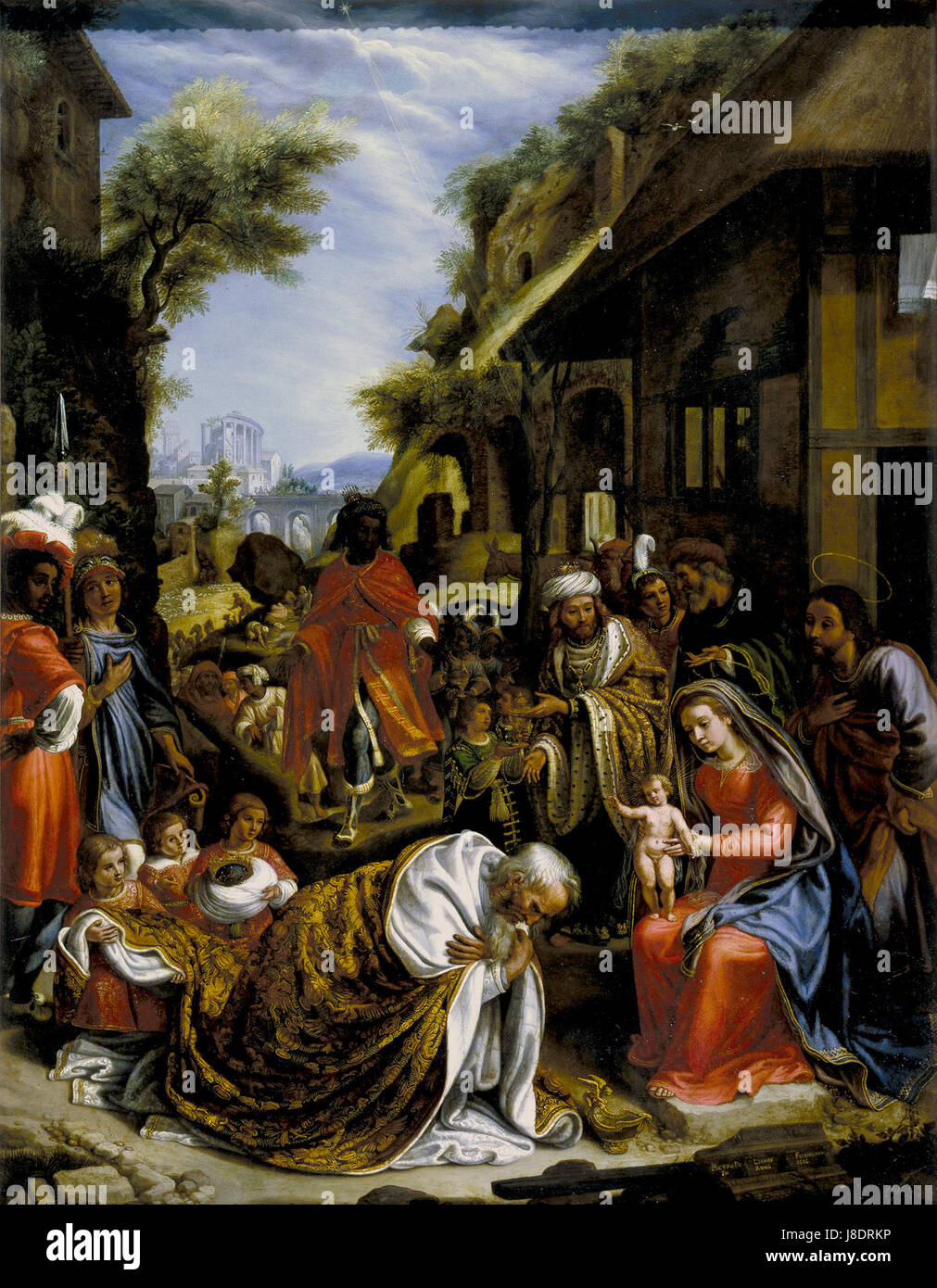 'Lignes adoracion de los reyes' fait référence à une œuvre d'art représentant l'adoration des Mages, souvent un thème religieux chrétien. Le tableau, conservé au Musée du Prado, représente l'hommage des trois Rois à l'enfant Jésus à Bethléem. Banque D'Images