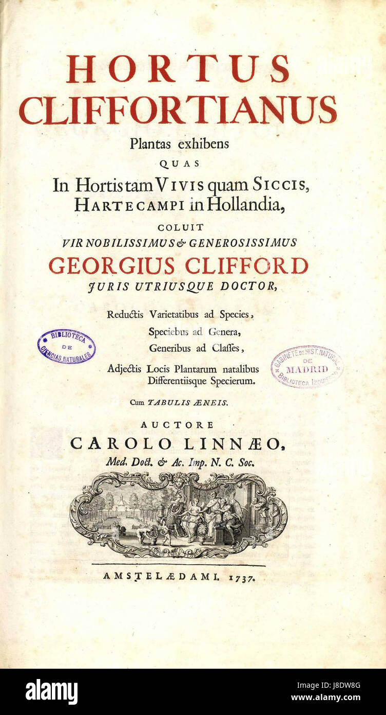 Hortus Cliffortianus est une œuvre botanique de Carl Linné, figure clé dans le développement de la taxonomie. La première page de ce travail montre probablement l'approche systématique de Linné à la classification des plantes, reflétant son influence sur la botanique moderne. Banque D'Images