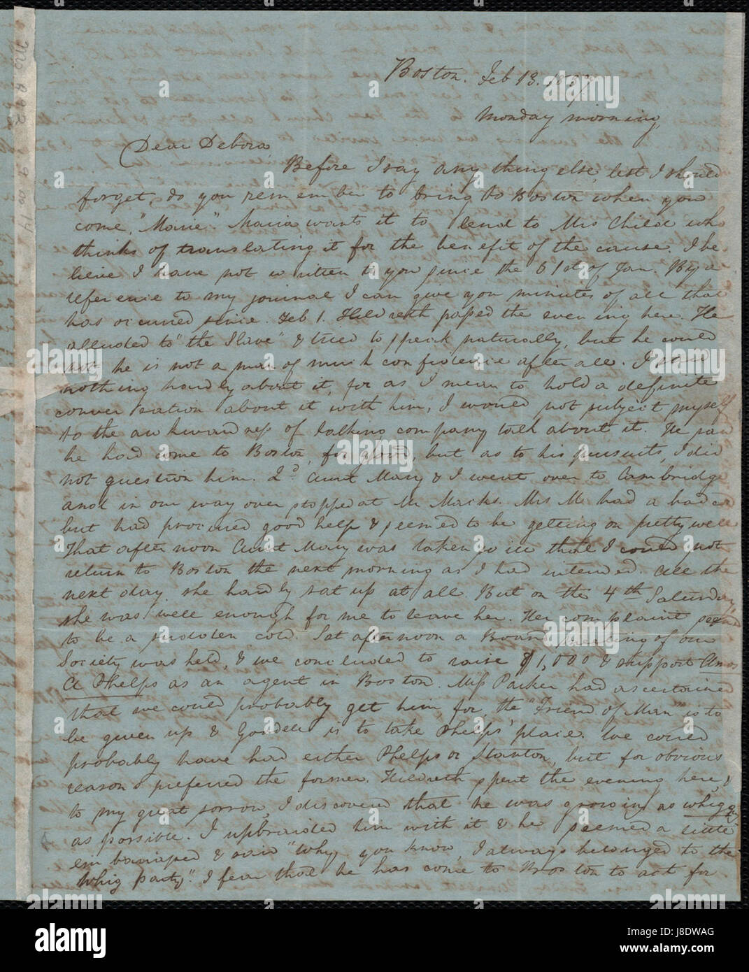 Anne de Warren Weston à Deborah Weston ; Lundi, Février 13, 1837 p1 Banque D'Images