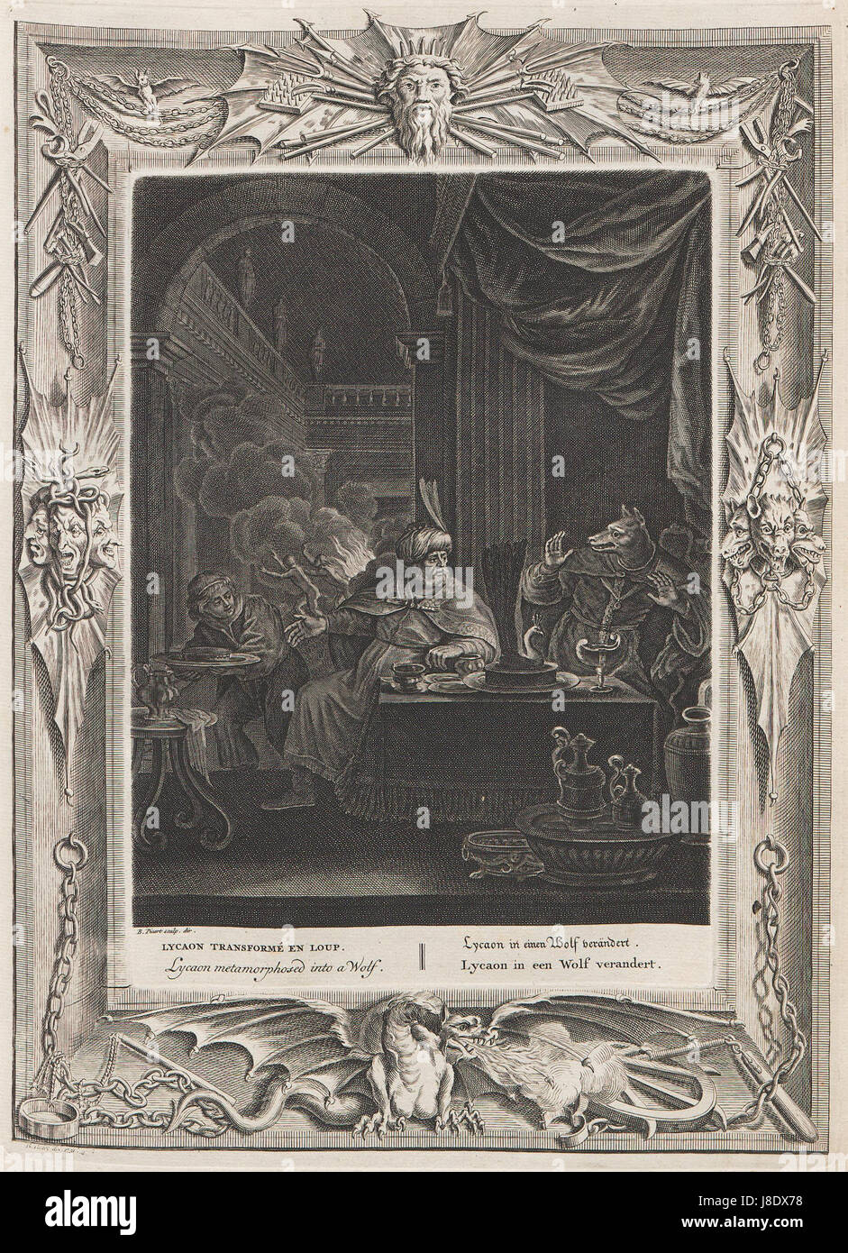 Dans le mythe de Lyacon, de la mythologie grecque, il est transformé en loup par Zeus comme punition pour ses crimes. Cette transformation représente la punition de l'orgueil et de la désobéissance aux dieux. Banque D'Images