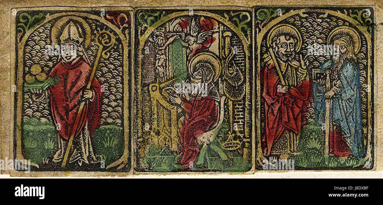 Ce titre allemand fait référence à une peinture religieuse historique mettant en vedette Nicholas, assortis Brigitta, assortis Peter, et assortis Paul, peut-être d'un manuscrit médiéval ou d'une œuvre d'art. Banque D'Images