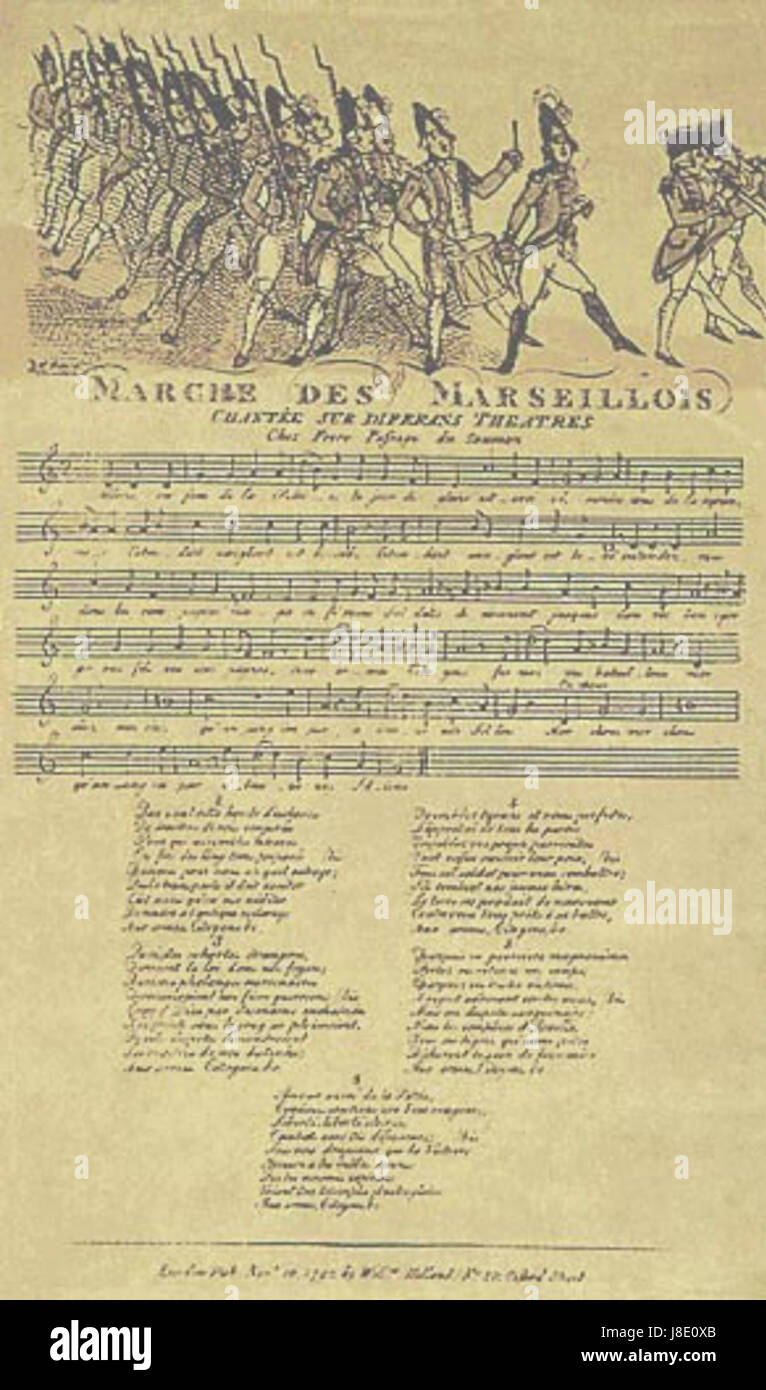 Marche des Marseillois est une célèbre chanson révolutionnaire française, composée à l'origine pendant la Révolution française. Il est devenu l'hymne de la République française et symbolise la fierté nationale et l'esprit révolutionnaire. Banque D'Images