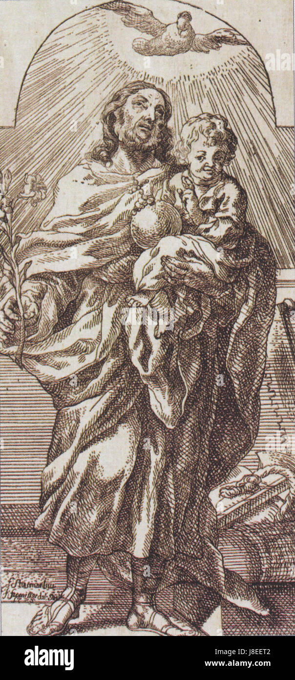 Cette œuvre de Fromiller représente Saint Joseph tenant l'enfant Jésus, un sujet religieux populaire dans l'iconographie chrétienne. Il symbolise la Sainte famille et le lien entre Joseph et Jésus. Banque D'Images