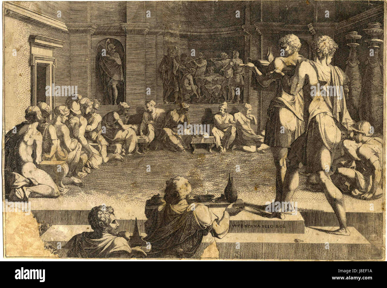 « Gastmahl in Fontainebleau » de Francesco Primaticcio représente une scène de banquet au Palais de Fontainebleau, illustrant l'art de la Renaissance et les techniques de fresques de Primaticcio. Banque D'Images