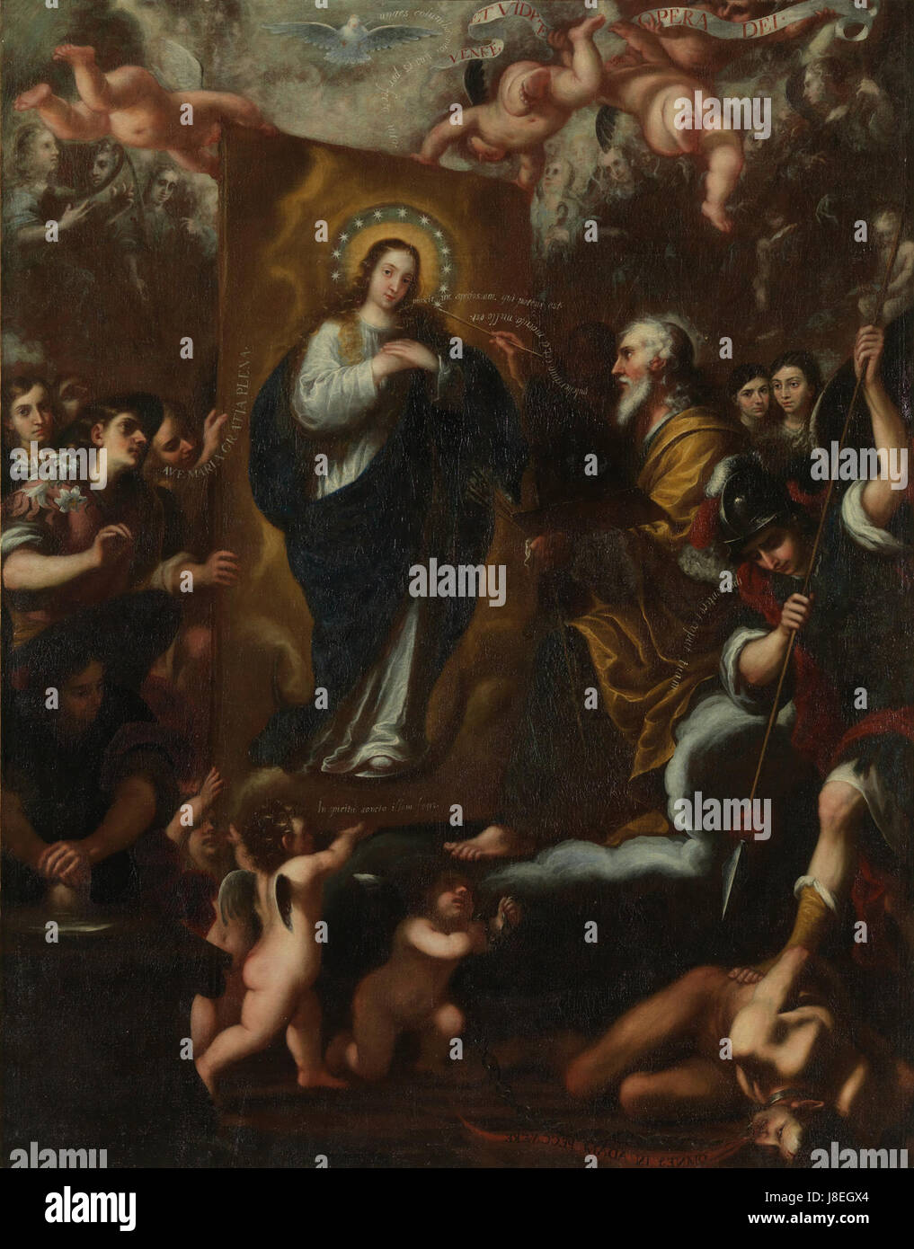 Cette peinture religieuse, intitulée 'Dios Padre pintando a la Virgen' (Dieu le Père peignant la Vierge), représente Dieu le Père représenté comme un artiste créant une image de la Vierge Marie. L'œuvre reflète l'iconographie chrétienne et le symbolisme théologique. Banque D'Images