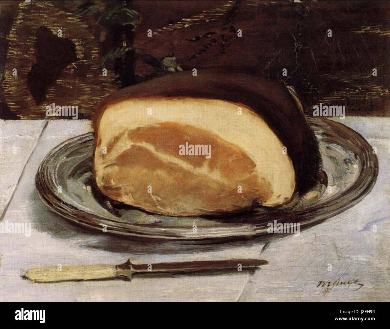 *Le jambon* (le jambon) est une peinture française qui célèbre la simplicité et l’attrait de la nourriture, en particulier le jambon. La peinture capture l'essence de la cuisine française et l'importance culturelle de la nourriture dans la vie quotidienne, en particulier dans le contexte de la cuisine française Banque D'Images