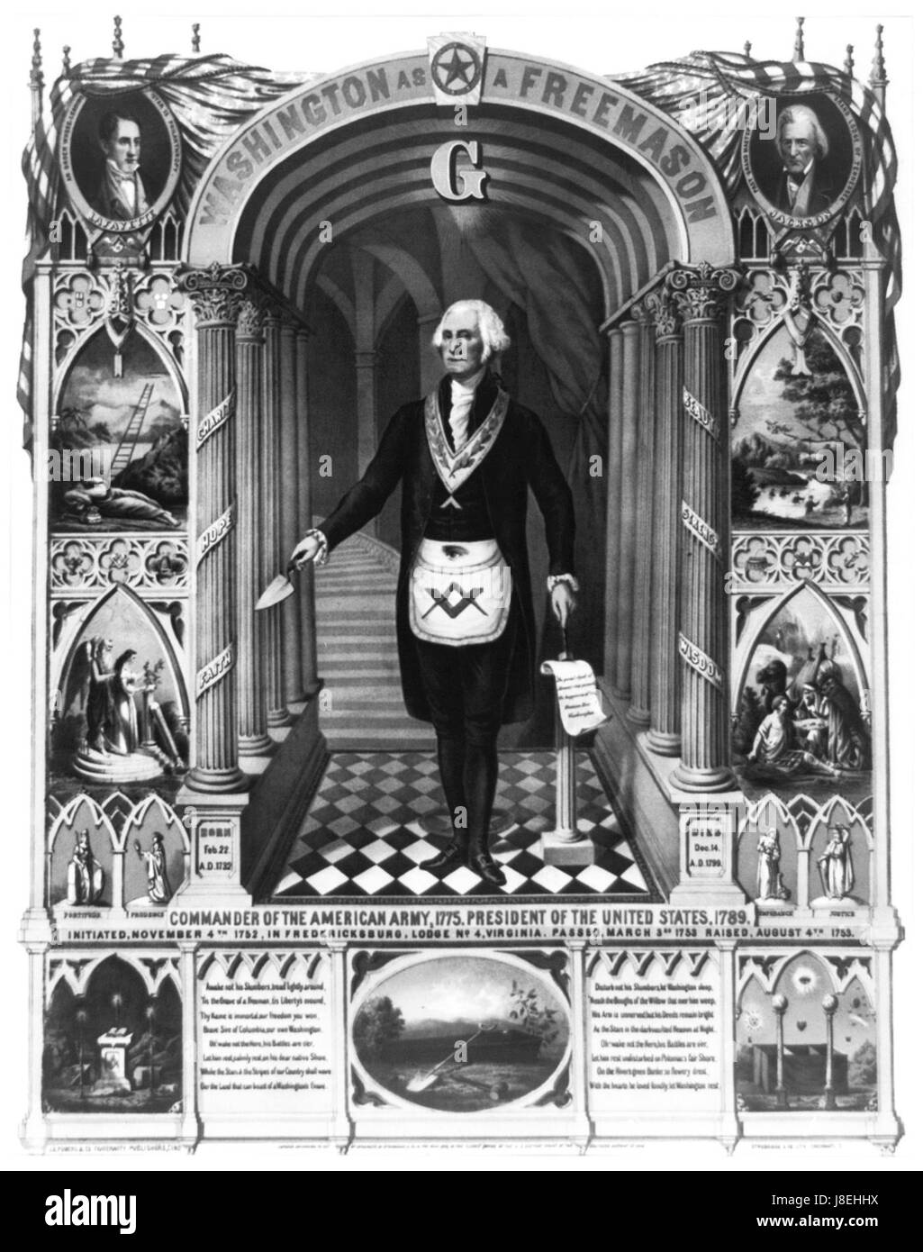 Cette image présente un fond d'écran haute définition représentant George Washington, un personnage clé de l'histoire américaine, avec des symboles des francs-maçons, une organisation à laquelle il était associé. Banque D'Images