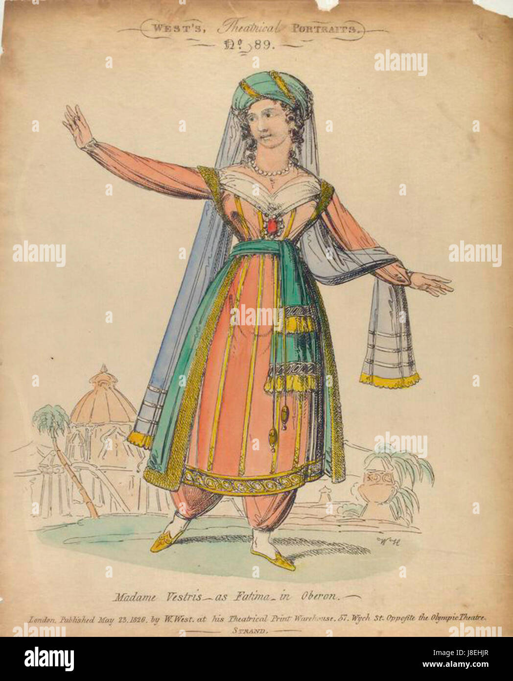 Une représentation de Madame Vestris jouant le rôle de Fatima, un personnage d'une production théâtrale. Connue pour sa présence sur scène, Vestris a apporté une énergie unique à son rôle de personnage. Banque D'Images