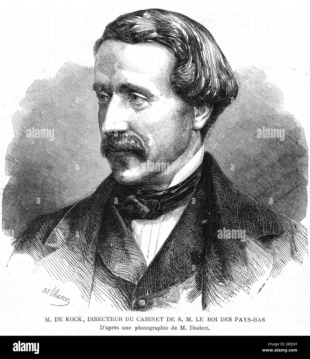 Cette illustration de 1862 représente Frederik Lodewijk Willem de Kock, figure notable du XIXe siècle. L'image fait partie du périodique 'L'illustration', qui était connu pour publier des portraits historiques et des images de personnalités éminentes. Banque D'Images