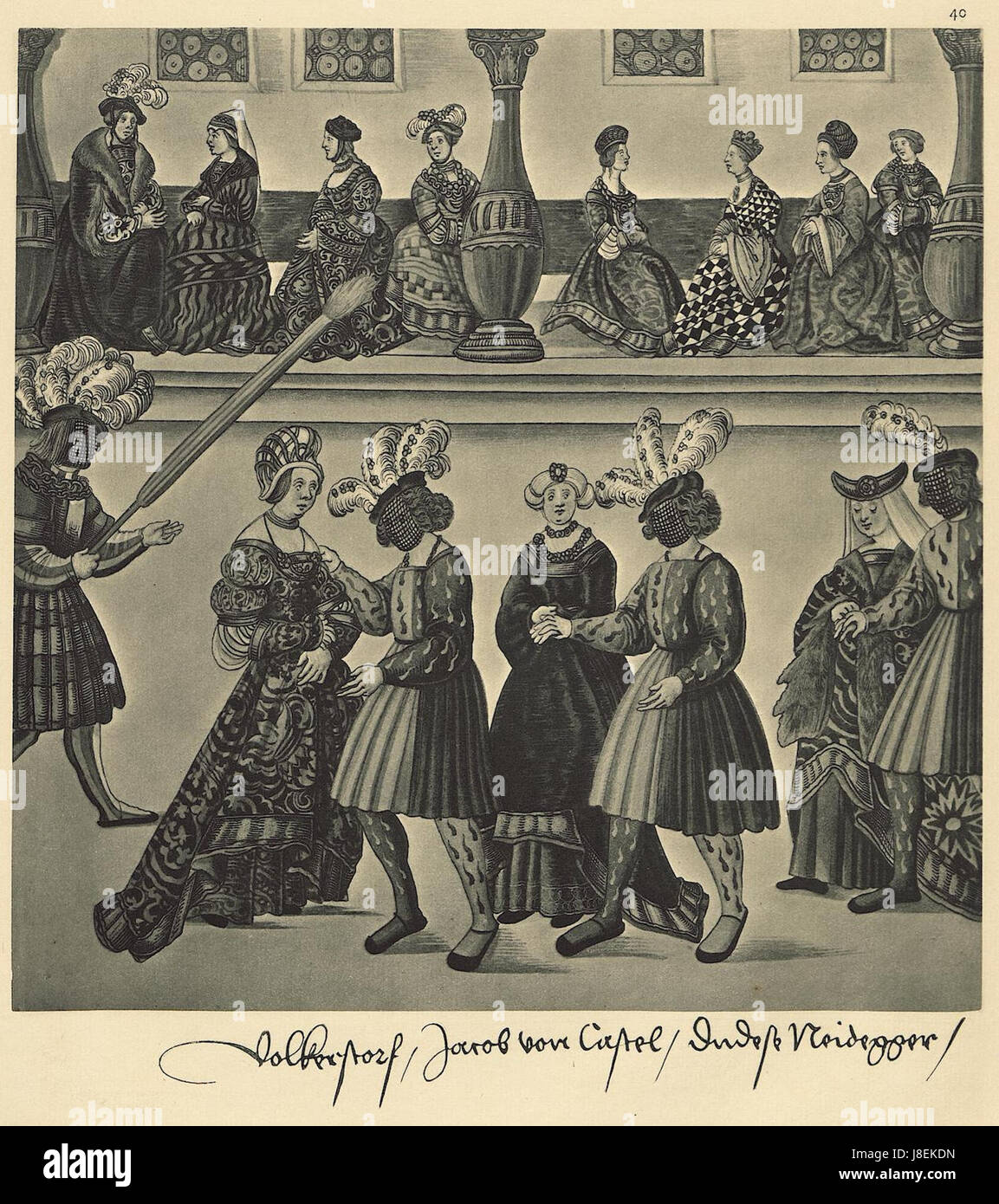 Cette reproduction de *Freydal* (1882) est une représentation détaillée d'un tableau chevalier médiéval, faisant partie d'une série plus vaste illustrant la culture chevaleresque de l'époque. L’œuvre est une représentation visuelle de la noblesse médiévale et de leurs traditions. Banque D'Images