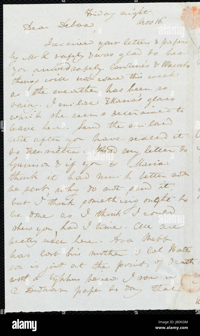 Anne de Warren Weston à Deborah Weston ; vendredi, Novembre 16, 1838 p1 Banque D'Images