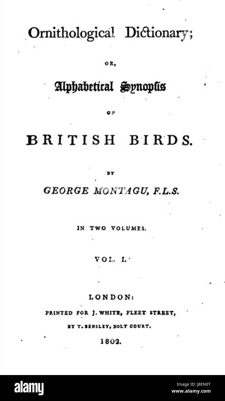 Le Montagu Ornithological Dictionary, publié en 1802, est une référence fondamentale pour les espèces d'oiseaux en Grande-Bretagne. Il fournit un compte rendu détaillé de diverses espèces d'oiseaux, de leurs habitudes et de leurs habitats, reflétant la compréhension scientifique de l'ornithologie au début du XIXe siècle. Banque D'Images