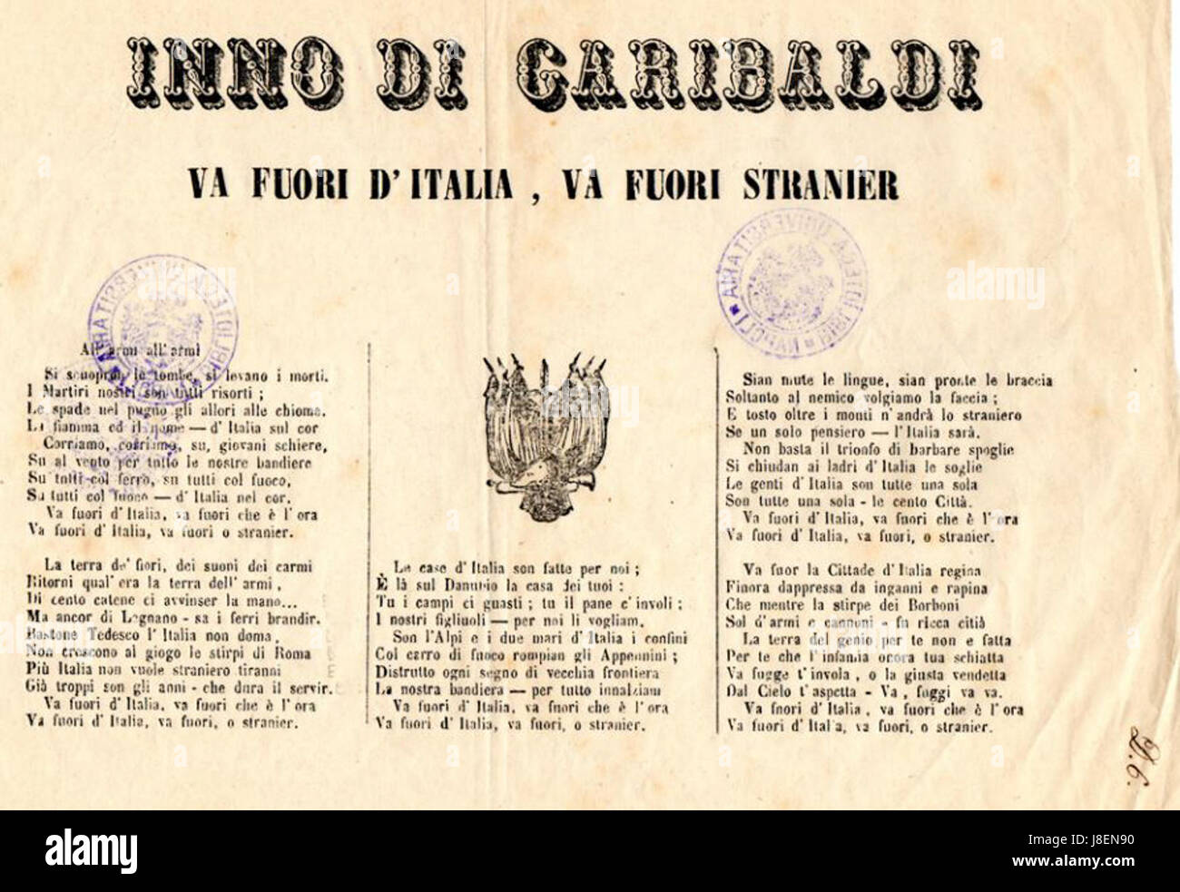 Inno di Garibaldi est un hymne patriotique italien honorant les contributions de Giuseppe Garibaldi, figure clé de l'unification de l'Italie au XIXe siècle. L'hymne reflète l'esprit du nationalisme italien. Banque D'Images