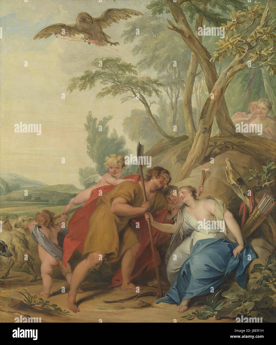 Le tableau 'Jupiter, déguisé en berger, séduit Mnémosyne, la déesse de la mémoire', est une œuvre d'art logée dans le Rijksmuseum. Il dépeint l'histoire mythologique de la mythologie grecque où Jupiter, déguisé, s'engage avec Mnémosyne, incarnant des thèmes de mémoire et de transformation. Banque D'Images