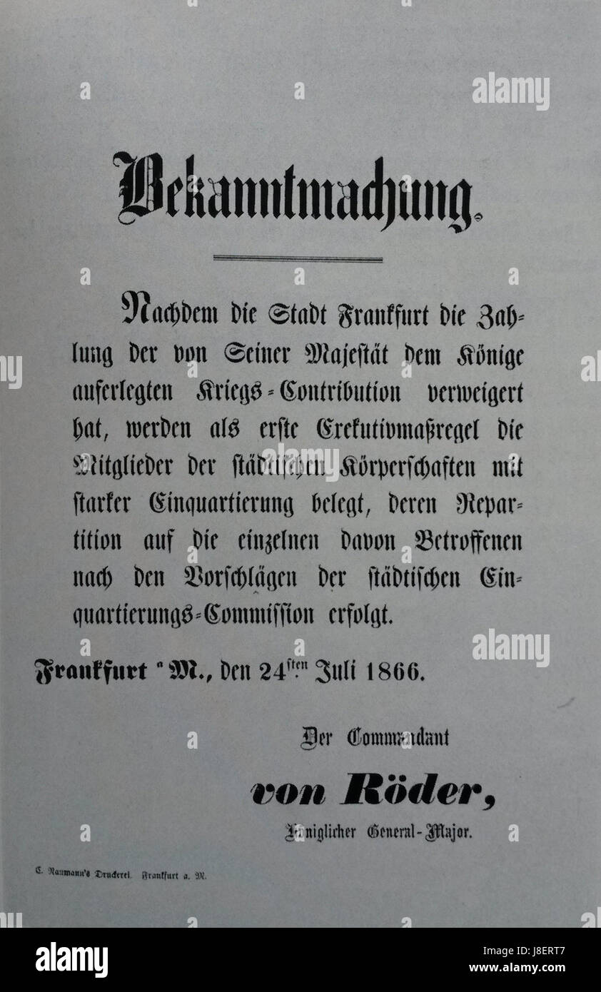 Ce document historique, publié à Francfort le 24 juillet 1866, se rapporte aux annonces officielles du gouvernement de la ville pendant une période de changement politique. Banque D'Images