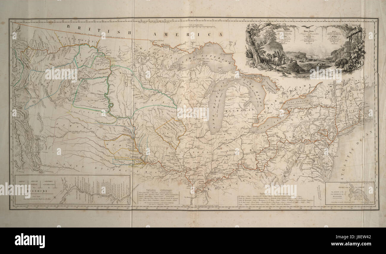 Carte pour illustrer l'itinéraire du prince Maximilien de Wied dans l'intérieur de l'Amérique du Nord 1832 1834 Banque D'Images