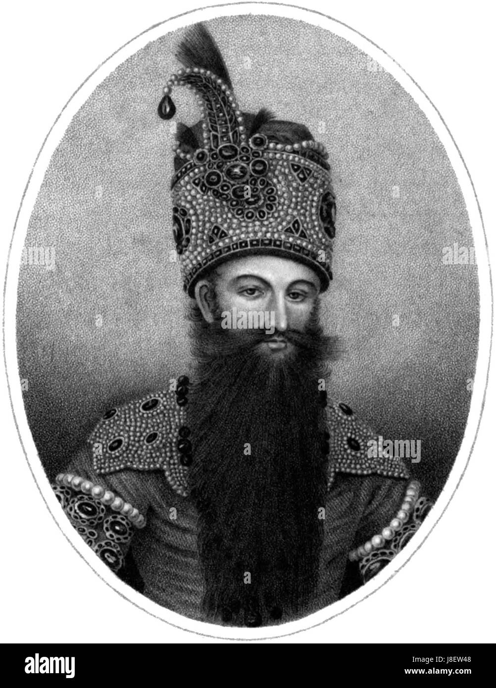Fath Ali Shah, le roi Qajar de Perse, est représenté dans cette gravure du XIXe siècle par Charles Heath. Le portrait capture la tenue royale et le comportement royal du roi, mettant en valeur la royauté perse pendant la dynastie Qajar. Banque D'Images