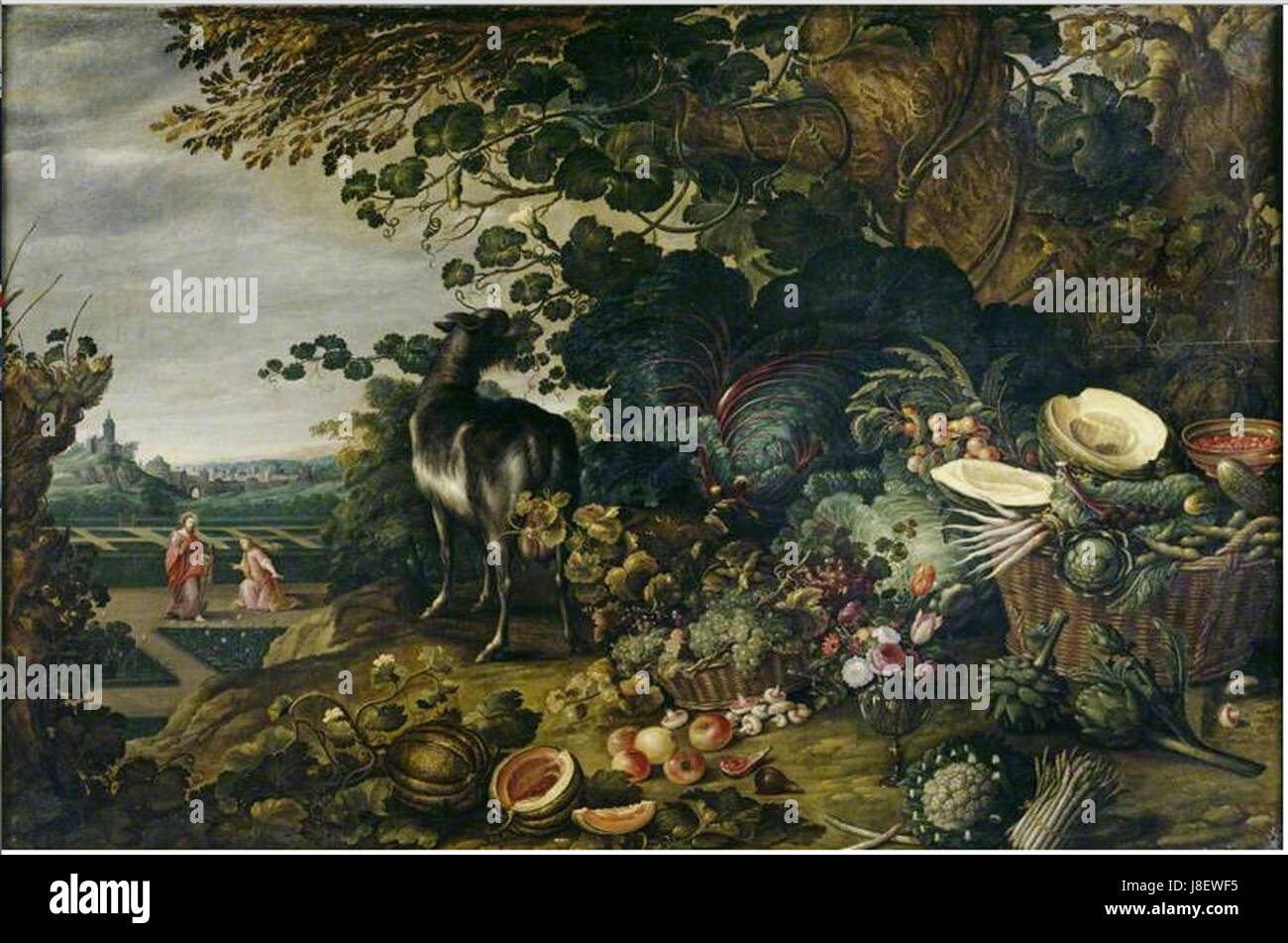 Gommaert van der Gracht un vaste paysage avec des fleurs exotiques, des fruits et légumes et un "Noli Me Tangere" dans le jardin au-delà Banque D'Images