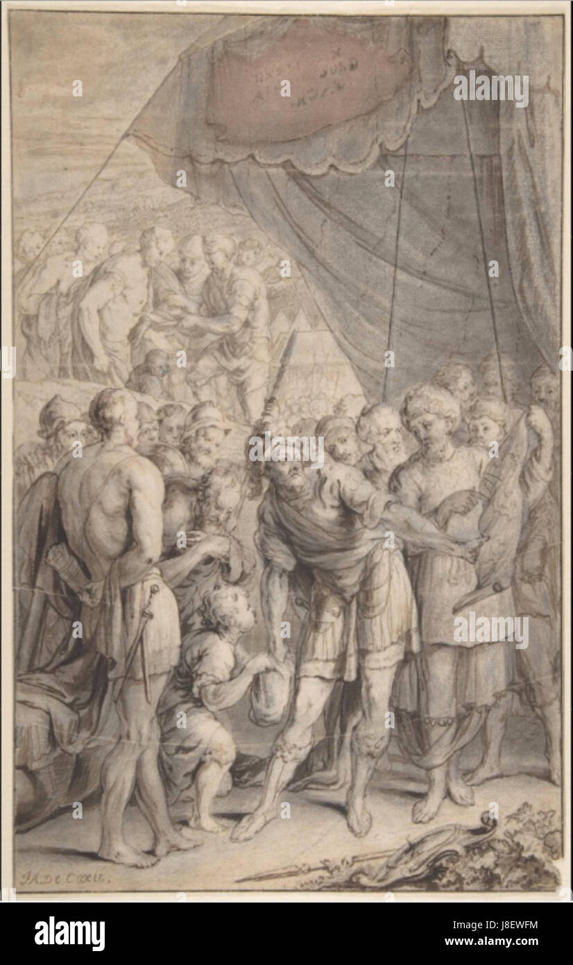 Un dessin de la fin du XVIIe siècle de l'artiste flamand Jan Anthonie Coxie, représentant un général et son armée examinant une carte. L'œuvre met en valeur les compétences de Coxie en matière de plume et d'encre, avec des reflets marron et de gouache blanche. Banque D'Images