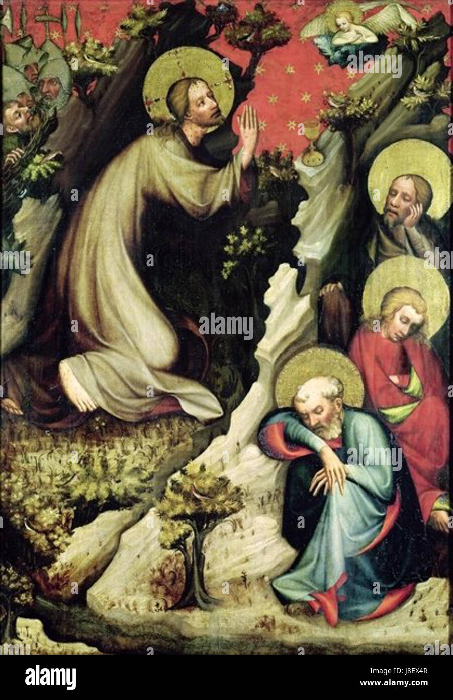 L'agonie dans le jardin par le maître de l'autel Wittingauer est un retable détaillé représentant la scène biblique du Christ priant dans le jardin de Gethsémani. L'œuvre, typique de l'art religieux médiéval tardif, met l'accent sur l'expression émotionnelle et la souffrance divine. Banque D'Images